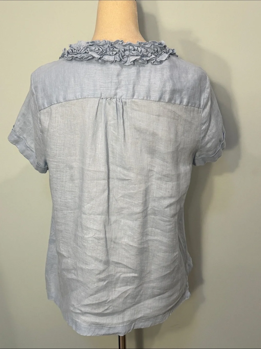 Talbots Light Blue linen Ruffle V-Neck Women's Top - Picture 3 of 6